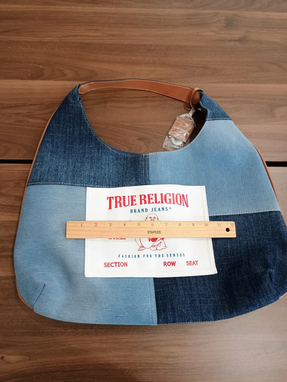 True Religion Two-Tone Denim Patch Hobo with Tan Trim